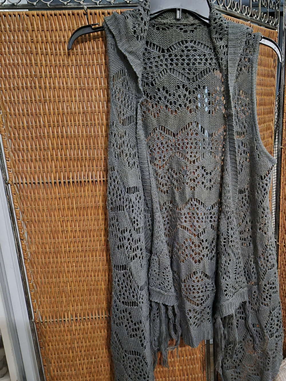 Sleeveless Crochet Fringe Vest in Charcoal Gray